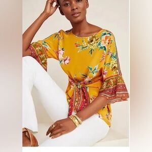Vineet Bahl Yellow Gold Floral Short Bell Sleeves Women's Top XS